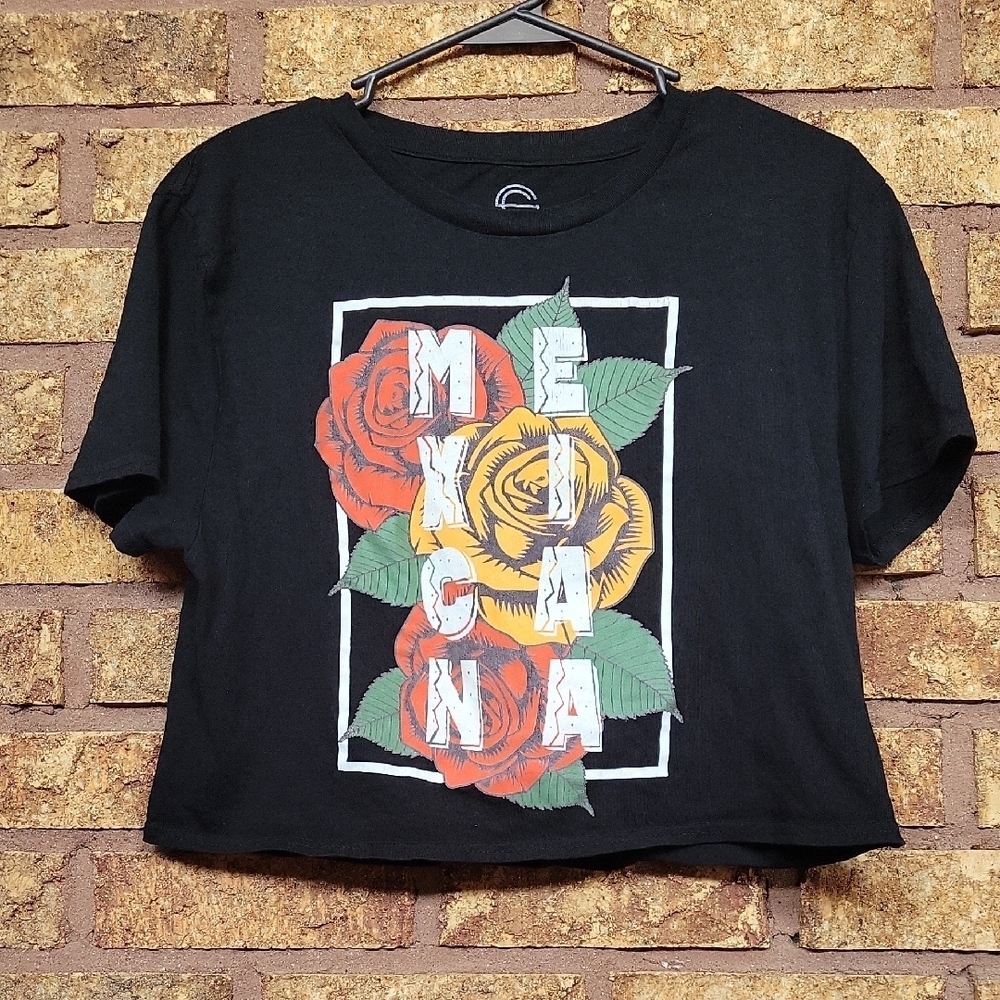Social Culture Black Graphic "Mexicana" Crop Top with Floral Design Size Medium